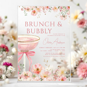 Invitaciones Acrílicas Desayuno Brunch con Lazo Rosa y Champán Burbujeant