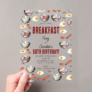Invitaciones Acrílicas Desayuno Brunch Cumpleaños Bacon & Huevos Acuarela