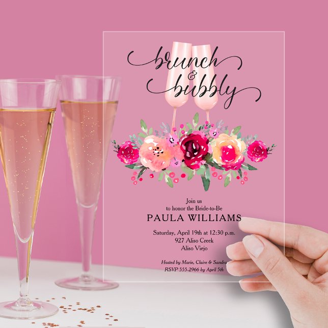 Invitaciones Acrílicas Desayuno Brunch y Burbujas Floral Despedida de Sol (Brunch and Bubby bright floral bridal shower clear acrylic invitations)