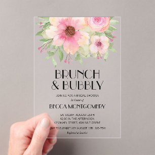 Invitaciones Acrílicas Desayuno Brunch y Burbujas Rosado Floral Despedida