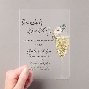 Invitaciones Acrílicas Desayuno con copa de champán y flor blanca y burbu