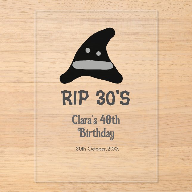 Invitaciones Acrílicas Descanso negro gris RIP gorra bruja de 40 años de  (Anverso)
