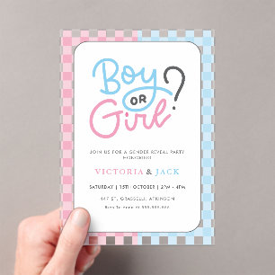 Invitaciones Acrílicas Descubrimiento del género masculino o Chica Gingha