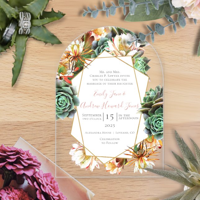 Invitaciones Acrílicas Desert Cactus Suculento Boda de oro geométrico (Subido por el creador)