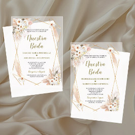 Invitaciones Acrílicas Desierto Español Rosas Blancas Oro Nuestra Boda 