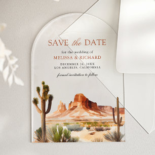 Invitaciones Acrílicas Desierto Montaña Cactus Boda Guardar la Fecha