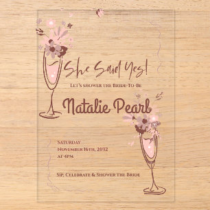 Invitaciones Acrílicas Despedida de Soltera Champagne Floral Rosa Dijo Sí