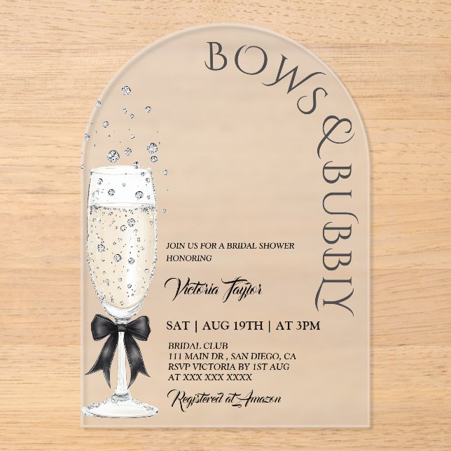 Invitaciones Acrílicas Despedida de soltera con arcos y champán burbujean (Anverso)