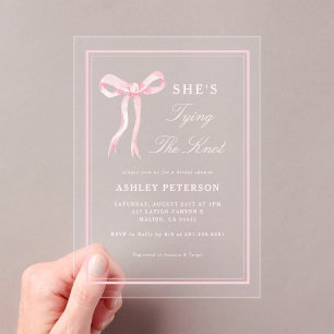 Invitaciones Acrílicas Despedida de soltera con lazo rosa, está atando el