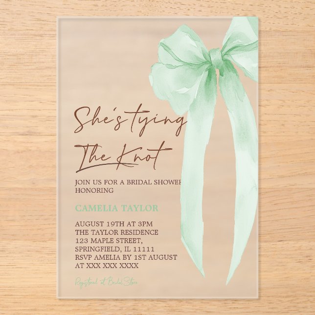 Invitaciones Acrílicas Despedida de soltera con lazo verde (Anverso)