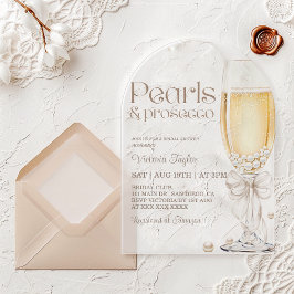 Invitaciones Acrílicas Despedida de soltera con perlas y Prosecco con laz