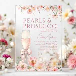 Invitaciones Acrílicas Despedida de soltera con perlas y prosecco Rosa