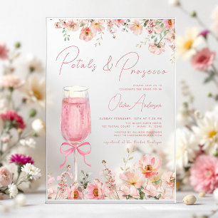 Invitaciones Acrílicas Despedida de soltera con pétalos rosados y prosecc