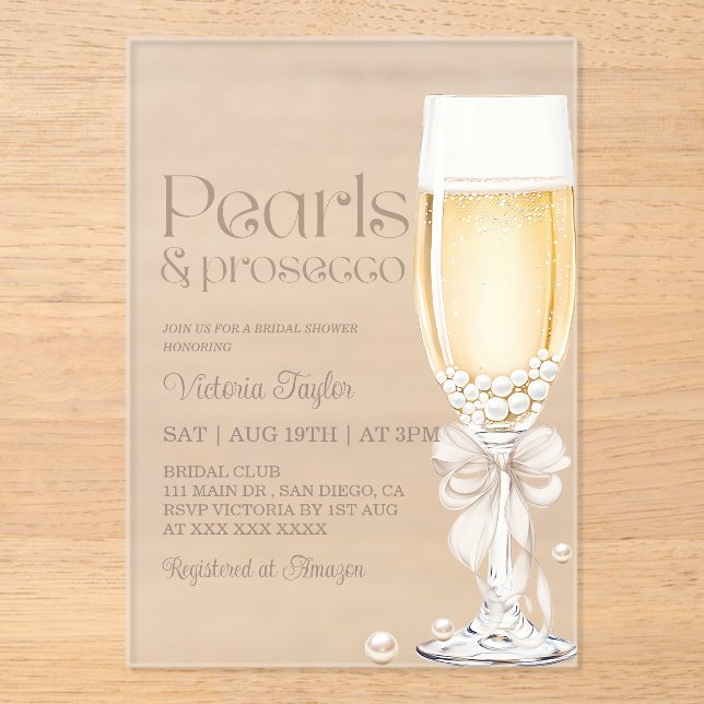 Invitaciones Acrílicas Despedida de soltera con Prosecco y Perlas Bow (Anverso)
