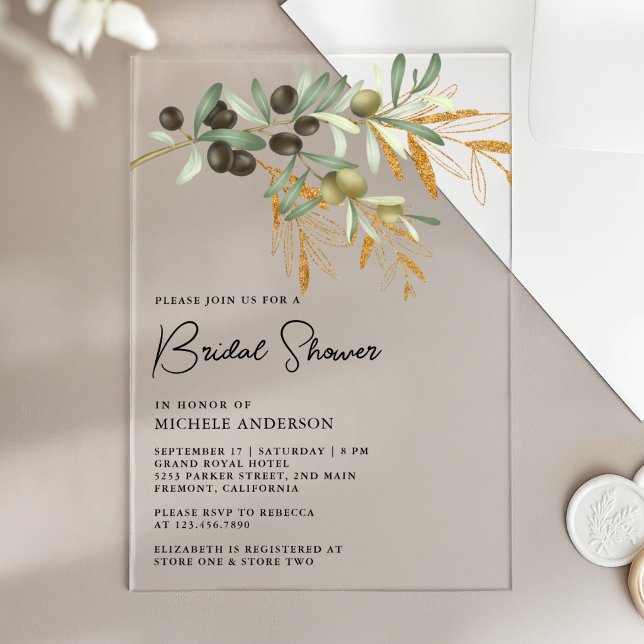 Invitaciones Acrílicas Despedida de soltera con ramas de olivo rústicas (Subido por el creador)