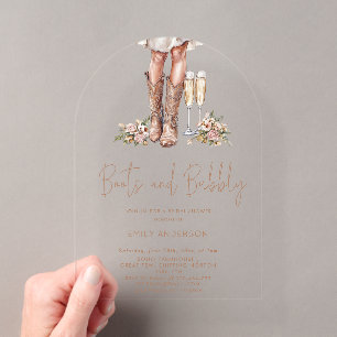 Invitaciones Acrílicas Despedida de soltera country con botas y burbujas