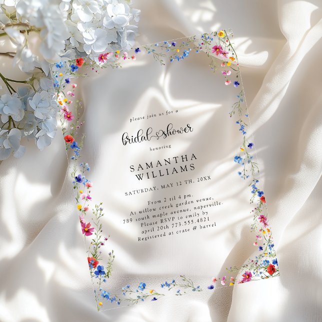 Invitaciones Acrílicas Despedida de soltera de flores silvestres modernas (Modern Wildflower Bridal Shower Acrylic Invitations)