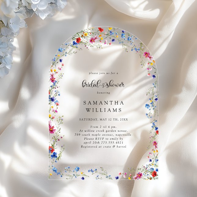 Invitaciones Acrílicas Despedida de soltera de flores silvestres modernas (Modern Wildflower Bridal Shower Acrylic Invitations)