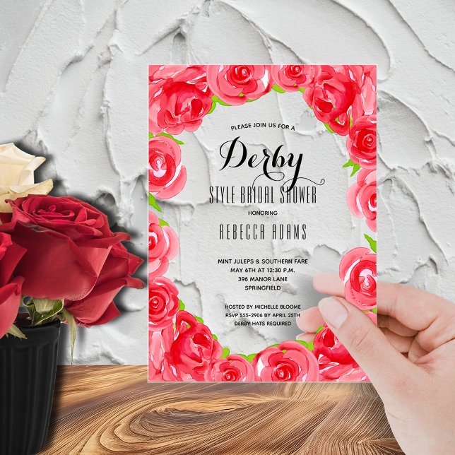 Invitaciones Acrílicas Despedida de soltera Derby de rosas rojas (Red roses Derby bridal shower acrylic invitations - order clear or frosted)