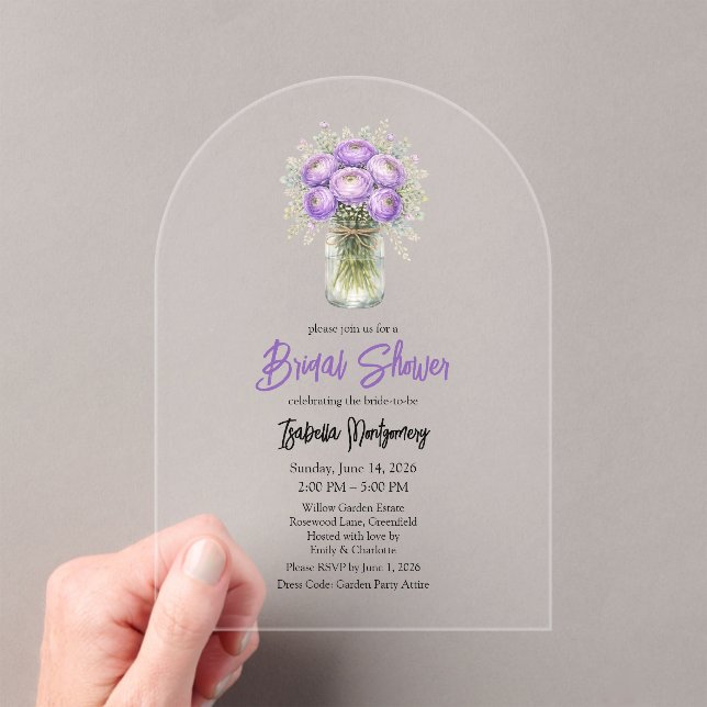 Invitaciones Acrílicas Despedida de soltera en frasco de Mason con ranunc (Insitu (portátil))