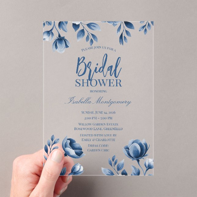 Invitaciones Acrílicas Despedida de soltera estilo chinoiserie azul (Insitu (portátil))