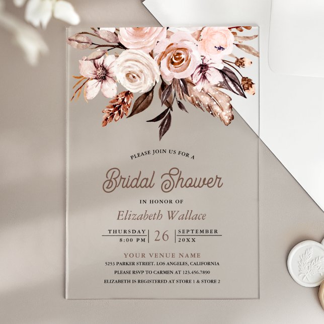 Invitaciones Acrílicas Despedida de Soltera Floral de Marfil Boho Terroso (Subido por el creador)