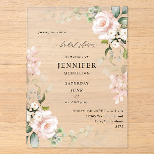 Invitaciones Acrílicas Despedida de Soltera Floral Rosa Rubor y Eucalipto
