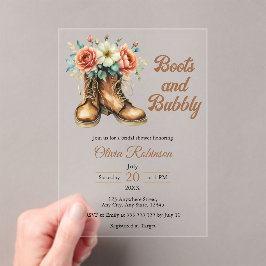 Invitaciones Acrílicas Despedida de soltera rústica con botas y burbujas 