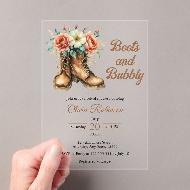 Invitaciones Acrílicas Despedida de soltera rústica con botas y burbujas  (Insitu (portátil))