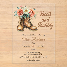 Invitaciones Acrílicas Despedida de soltera rústica con botas y burbujas 