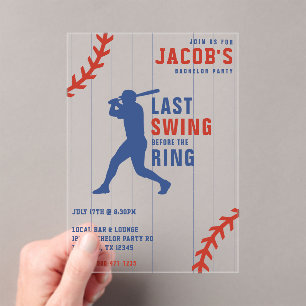 Invitaciones Acrílicas Despedida de Soltero de Béisbol Último Swing Antes