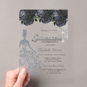 Invitaciones Acrílicas Destellos de plata gotean Rosas Negras Dulces 16