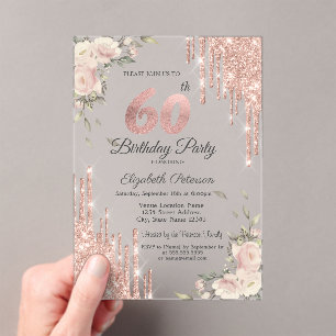 Invitaciones Acrílicas Destellos Elegantes, Flores Rosa Dorado Cumpleaños