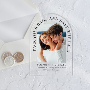 Invitaciones Acrílicas Destino de Boda con Foto Arco Guardar la Fecha