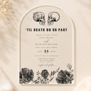 Invitaciones Acrílicas Detalles de boda de cráneo gótico hasta la muerte