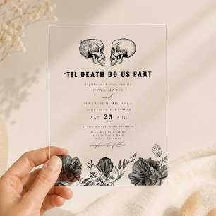 Invitaciones Acrílicas Detalles de boda gótica de cráneo hasta la muerte
