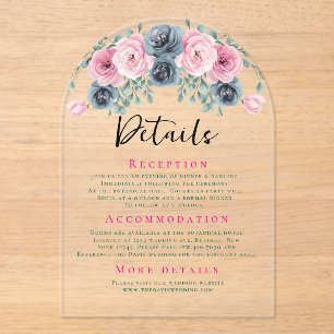 Invitaciones Acrílicas Detalles del Boda Arch Pink and Blue Blooms