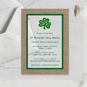 Invitaciones Acrílicas Día de San Patricio de Trébol Verde y Arpillera