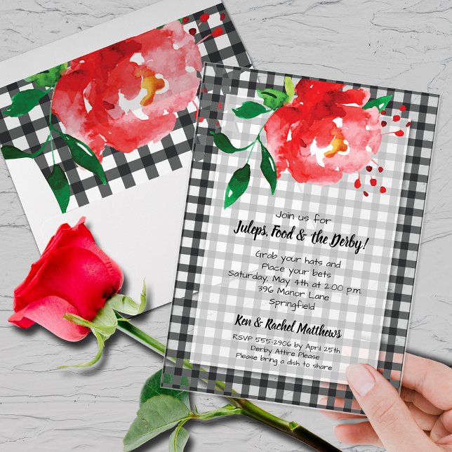 Invitaciones Acrílicas Día del Derby Rosa Roja sobre Gingham (Derby day party clear acrylic invitations with red rose on black and white gingham and your details)