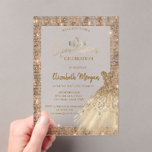 Invitaciones Acrílicas Diadema Verde Chic Dorado, Diamantes Quinceañera
