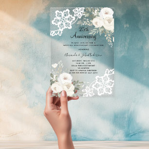 Invitaciones Acrílicas diamante de encaje floral blanco aniversario 25 bo