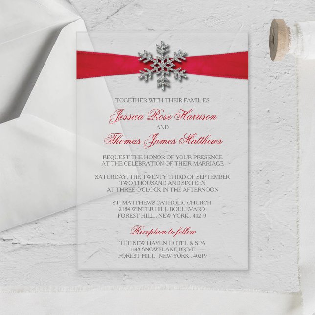Invitaciones Acrílicas Diamante Snowflake & Red Ribbon Boda de Invierno (Subido por el creador)