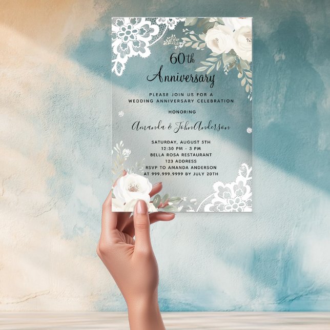 Invitaciones Acrílicas Diamantes de encaje floral blanco 60 años de boda (Subido por el creador)