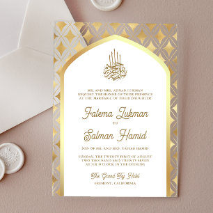 Invitaciones Acrílicas Diamantes de Oro Blanco Arco Musulmán de Boda