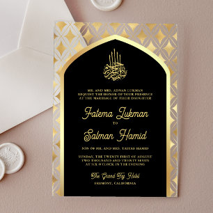 Invitaciones Acrílicas Diamantes de Oro Negro Arco Musulmán de Boda
