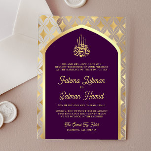 Invitaciones Acrílicas Diamantes de oro púrpura Arco Boda Musulmana