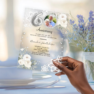 Invitaciones Acrílicas Diamantes de plata flores 60 aniversario de bodas