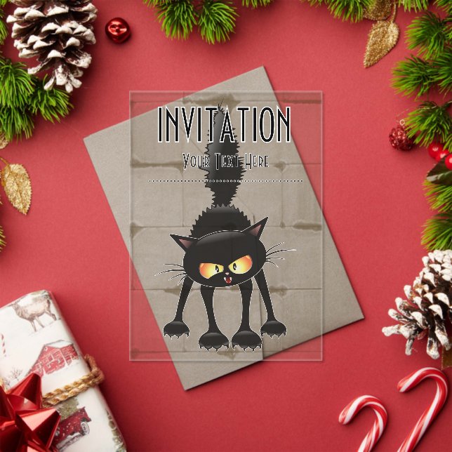 Invitaciones Acrílicas Dibujo animado de gato negro divertido y fiero (Insitu (Vacaciones))