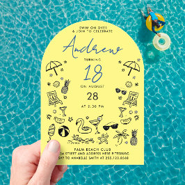 Invitaciones Acrílicas Dibujo divertido de neón amarillo azul fiesta de p
