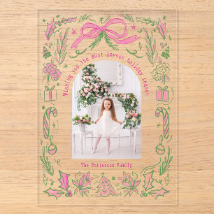 Invitaciones Acrílicas Dibujos de foto familiar de Navidad Coquette rosa 